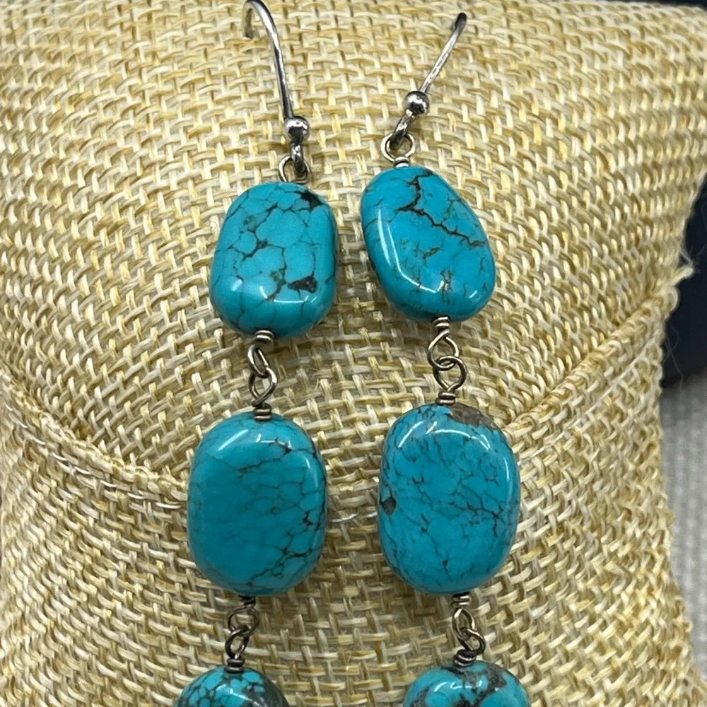 Sally C Treasures SX Sterling Silver Turquoise Dangle Earrings 925 Estate - Picture 7 of 17